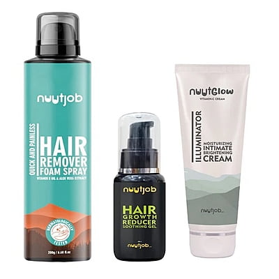 Nuutjob - Total Hair Removal Kit | Hair Removal foam spray + Hair growth reducer gel + Nuut glow Intimate Brightening Cream Combo Pack Nuutjob - Total Hair Removal Kit | Hair Removal foam spray + Hair growth reducer gel + Nuut glow Intimate Brightening Cream Combo Pack
