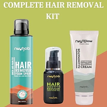 Nuutjob - Total Hair Removal Kit | Hair Removal foam spray + Hair growth reducer gel + Nuut glow Intimate Brightening Cream Combo Pack Nuutjob - Total Hair Removal Kit | Hair Removal foam spray + Hair growth reducer gel + Nuut glow Intimate Brightening Cream Combo Pack