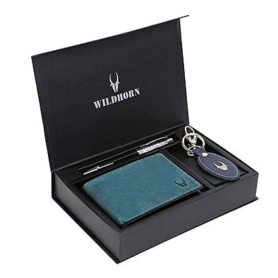 WILDHORN ® Men's RFID Protected Genuine Leather Wallet Keychain and Pen Combo (Blue Hunter)