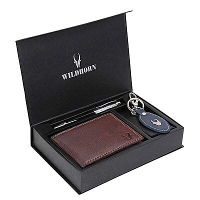 WILDHORN ® Men's RFID Protected Genuine Leather Wallet Keychain and Pen Combo (Mahroon)