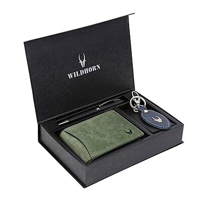 WILDHORN ® Men's RFID Protected Genuine Leather Wallet Keychain and Pen Combo (Green Hunter)