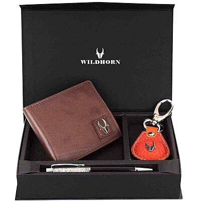 WILDHORN Leather Wallet Keychain & Pen Combo for Men I Gift Hamper (Brown Nappa )