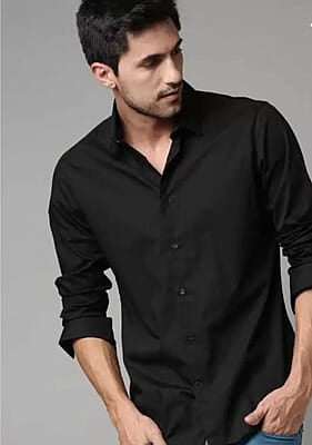 Black Cotton Collar Men Solid Shirt-43942