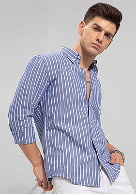 Denim Blue White Cotton Men Stripe Shirt-43614