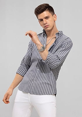 Gray White Cotton Men Stripe Shirt-43608