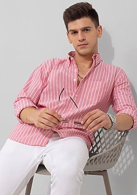 Pink White Cotton Men Stripe Shirt-43609