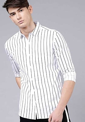 White Black Cotton Men Stripe Shirt-43629
