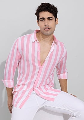 White Pink Cotton Men Stripe Shirt-43618