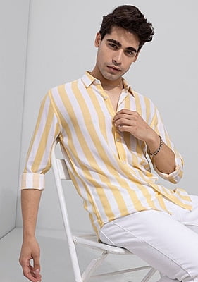 White Yellow Cotton Men Stripe Shirt-43617