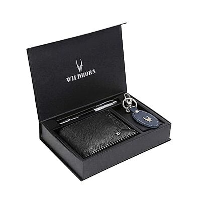 WILDHORN Leather Wallet Keychain & Pen Combo for Men I Gift Hamper (Blue)