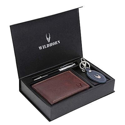 WILDHORN Leather Wallet Keychain & Pen Combo for Men I Gift Hamper (Blue)