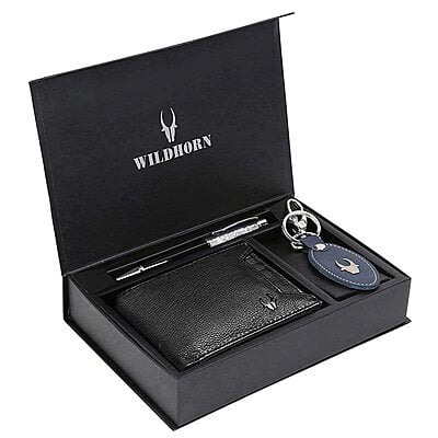 WILDHORN Leather Wallet Keychain & Pen Combo for Men I Gift Hamper (Blue)