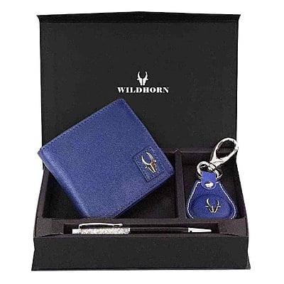 WILDHORN Leather Wallet Keychain & Pen Combo for Men I Gift Hamper (Blue)