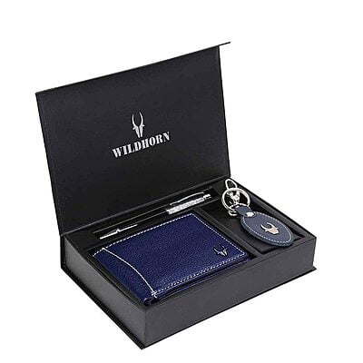 WILDHORN ® Men's RFID Protected Genuine Leather Wallet Keychain and Pen Combo (Blue)
